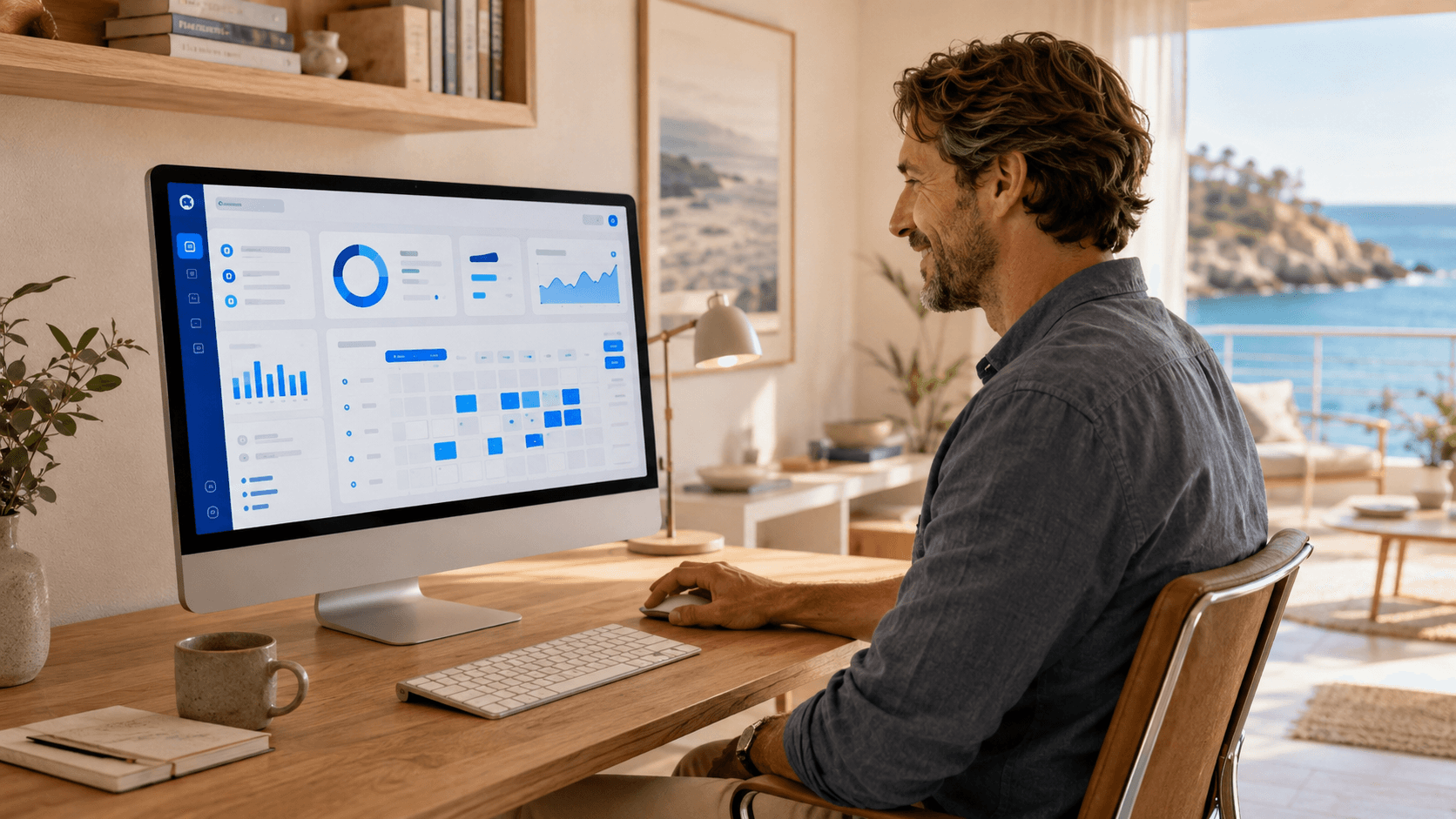 Vermieter am iMac mit dem FewoSuite Eigentümer-Dashboard und Meerblick im Hintergrund
