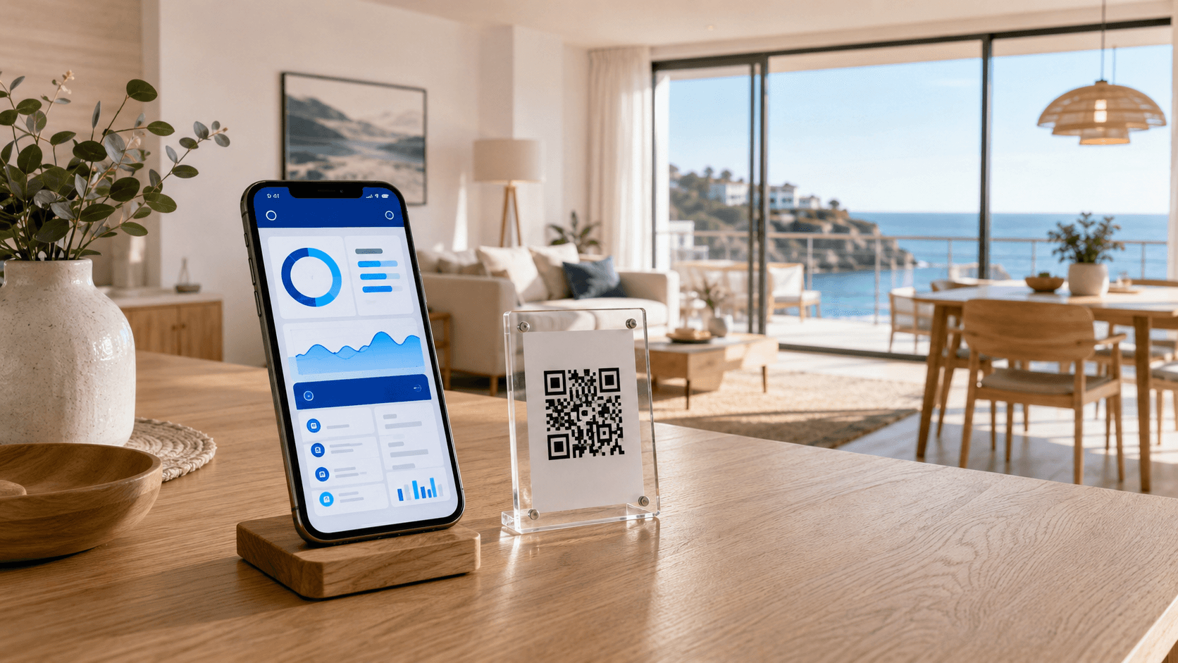 Moderne Ferienwohnung mit Meerblick, FewoSuite-Dashboard auf dem Smartphone und QR-Code-Aufsteller für die digitale Gästemappe