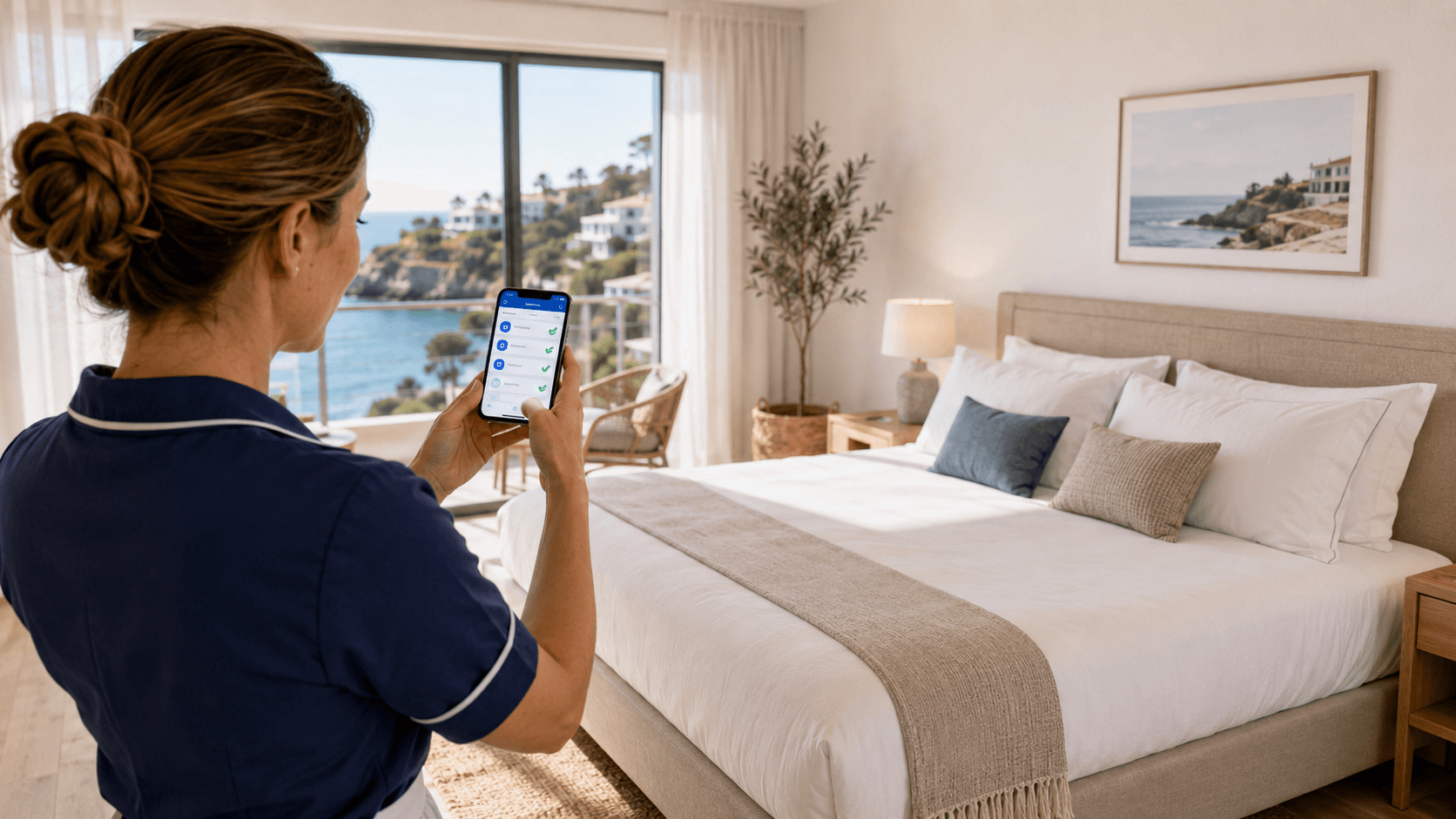 Reinigungskraft dokumentiert ein frisch gemachtes Bett in der FewoSuite Reinigungs-App